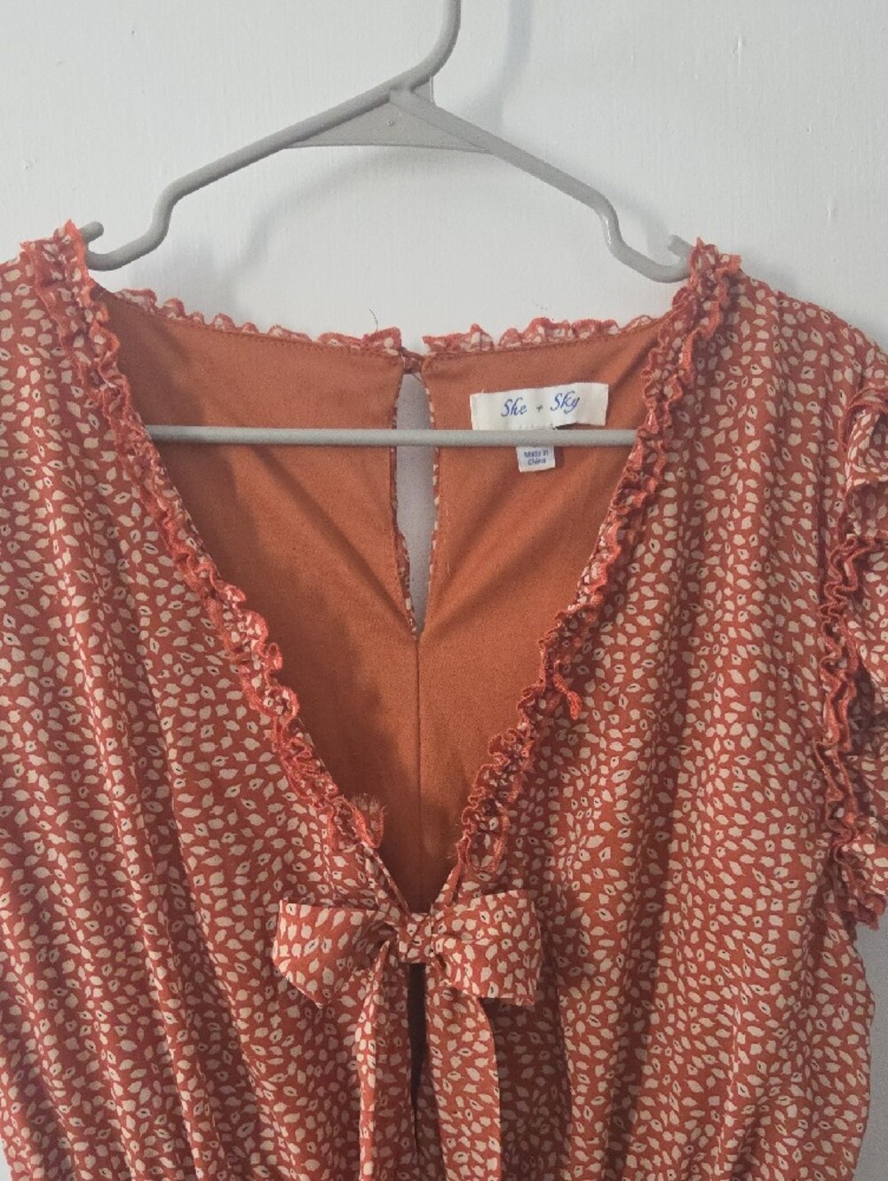 She + Sky Rust Floral Tie-Front Tiered Midi Dress - Picture 3 of 6
